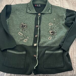 Green Floral Embroidered Women's Sweater